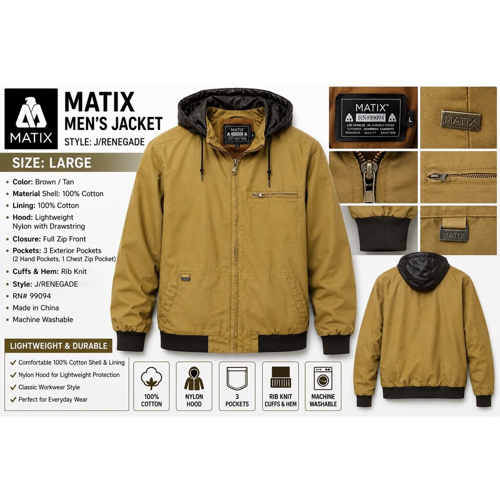 Matix Renegade Jacket Mens Large Mustard Tan Cotton Canvas Hooded Bomber Zip Up